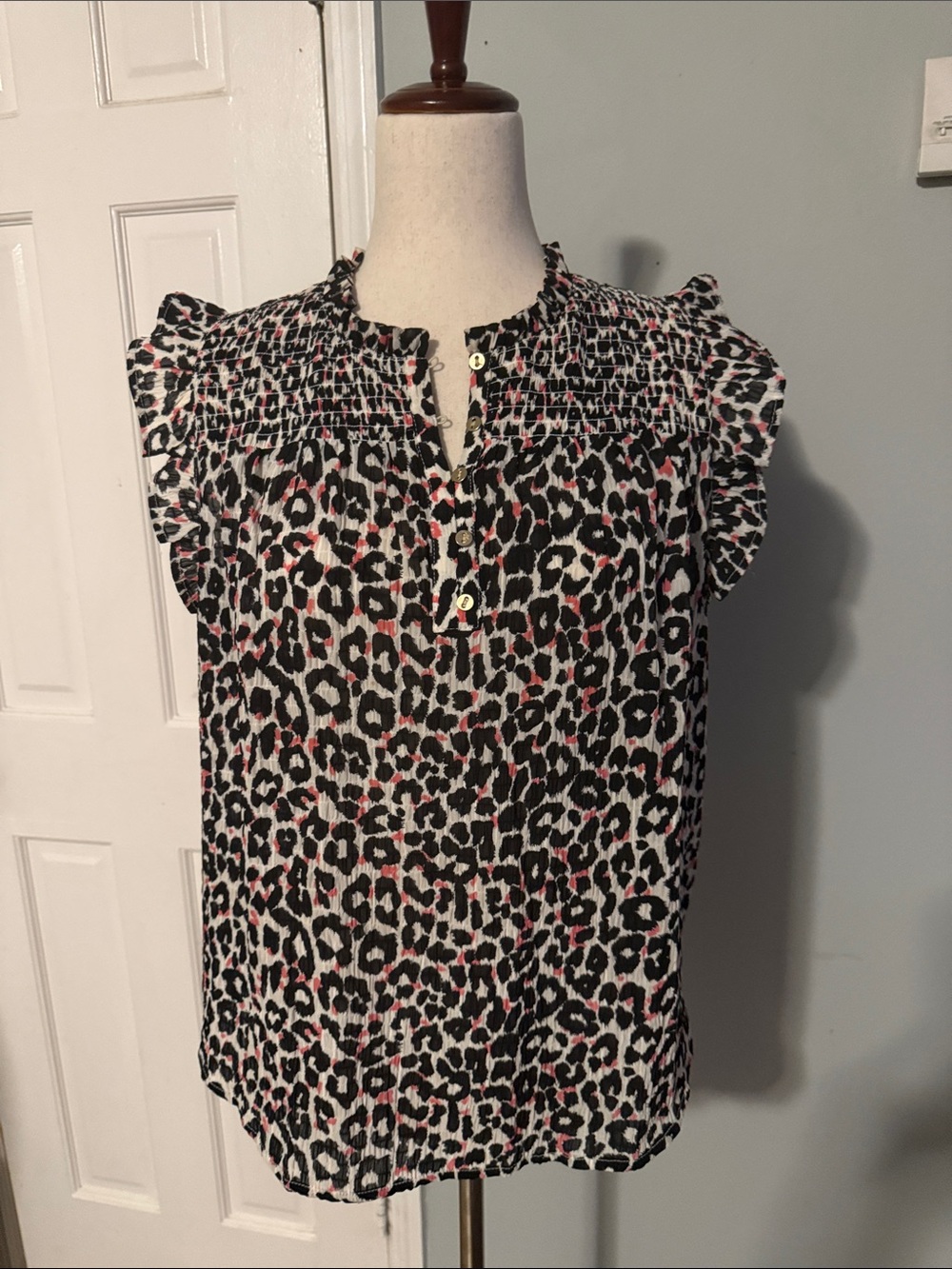 LOFT Black & Pink Leopard Smocked Ruffle Sleeve Top, S